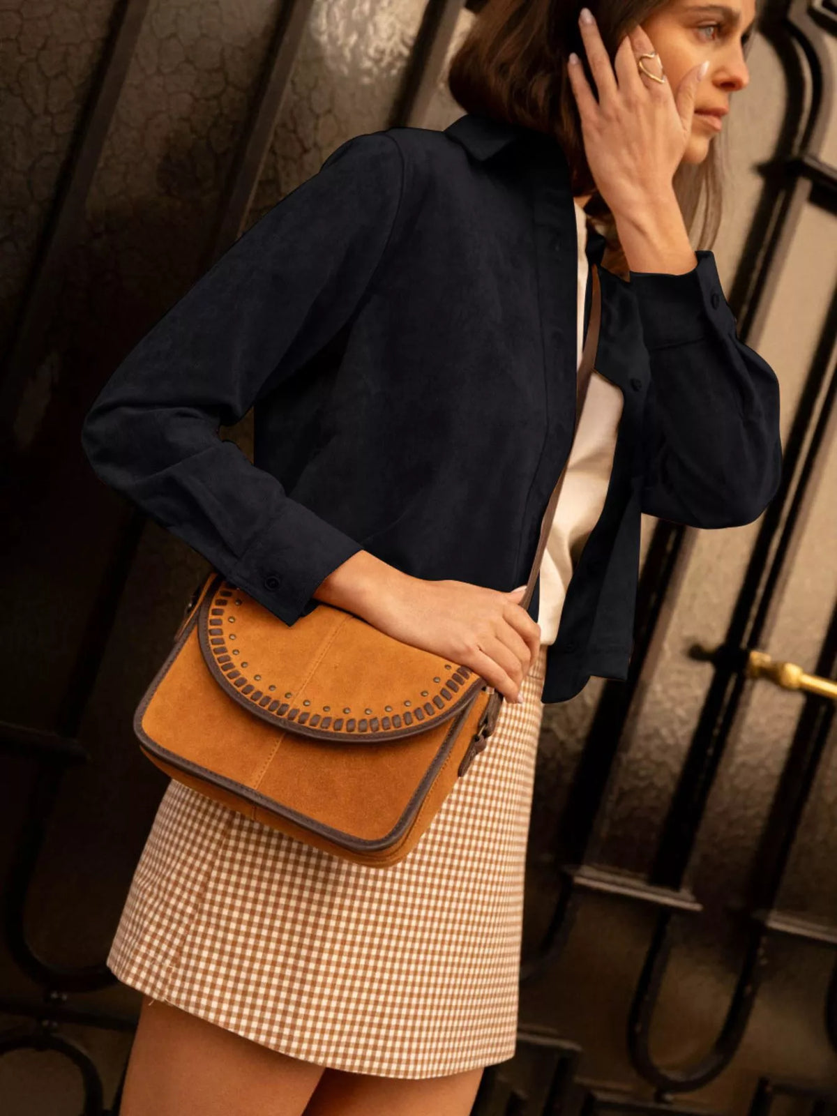 Cropped Faux Suede Button-Down Jacket