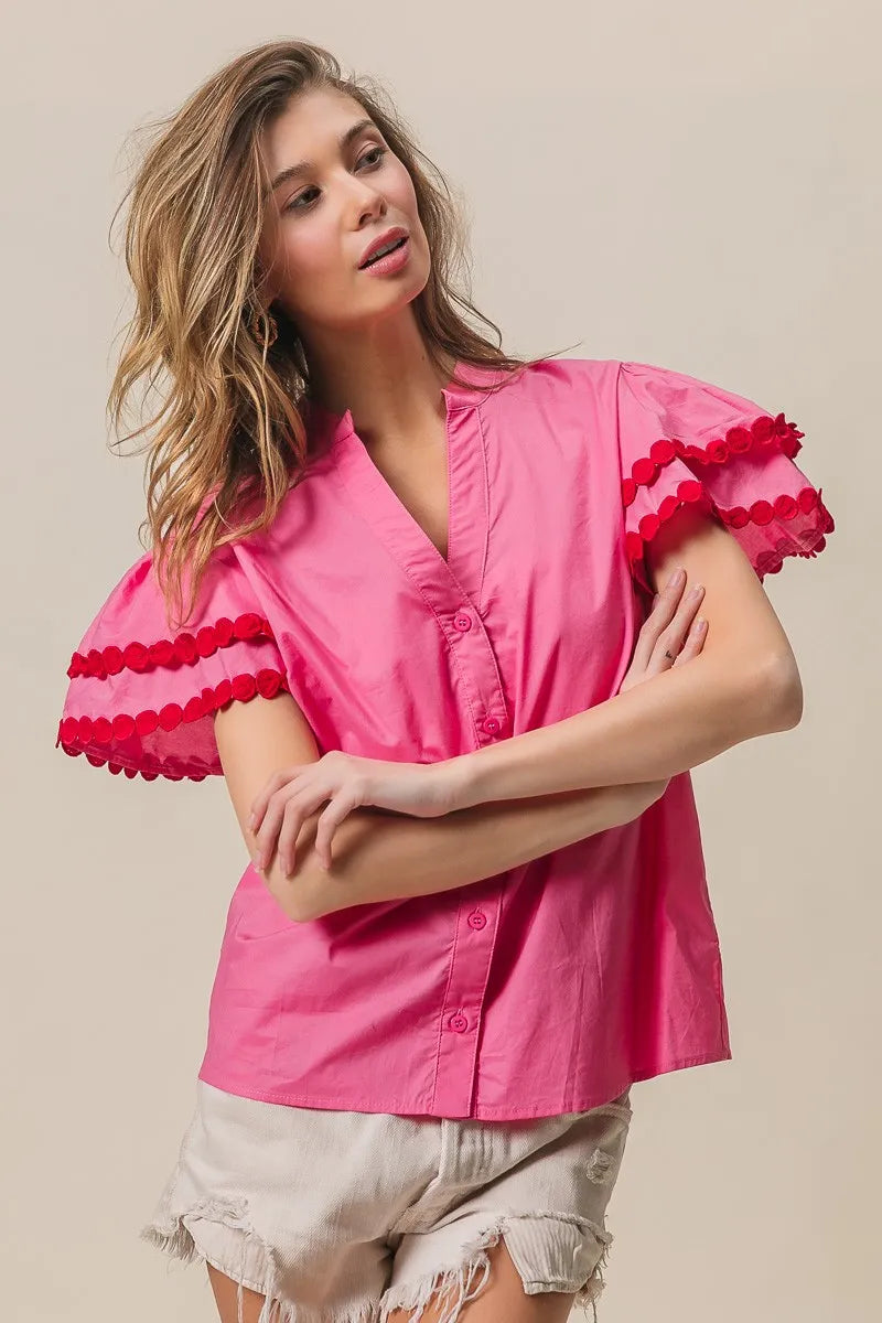 BiBi Dot Trim Flutter Sleeve Notched Top