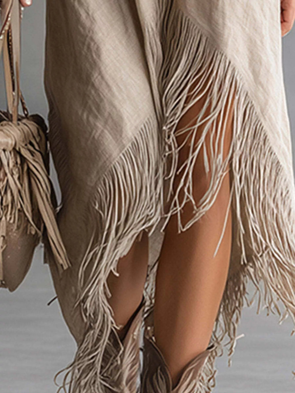 Zipper-Front Fringe Hem Midi Dress