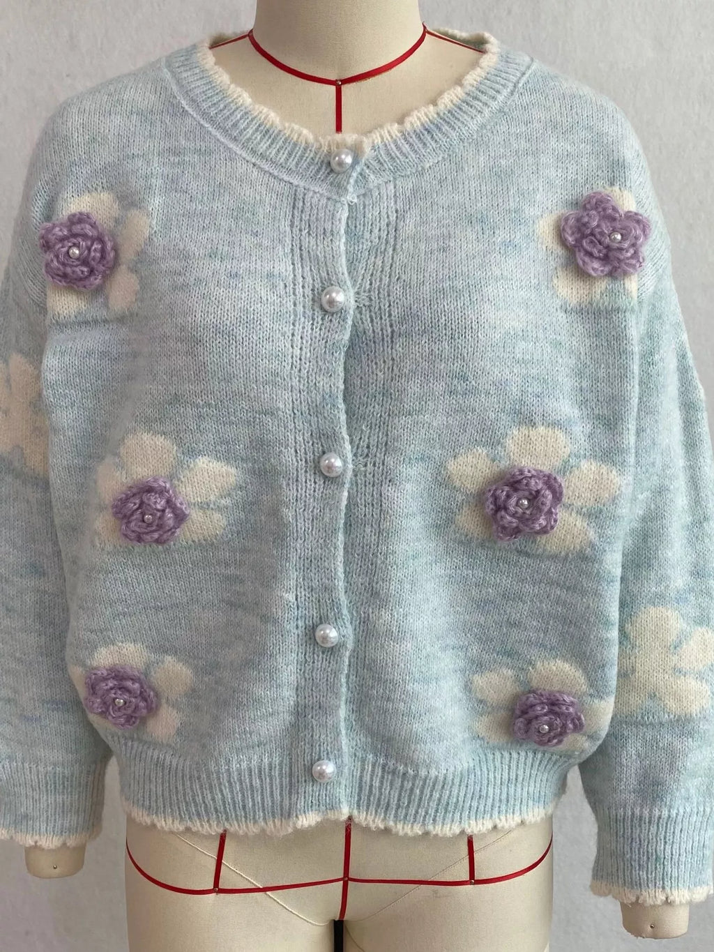 Floral Applique Button-Down Knit Cardigan