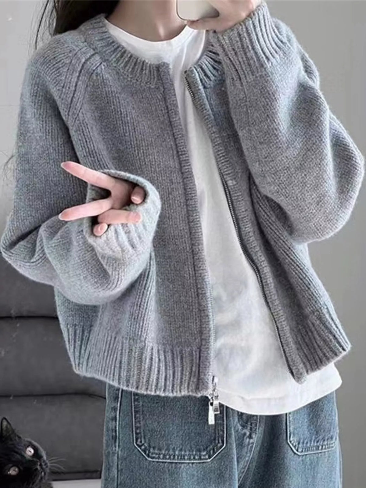 Ribbed Hem Zip-Up Cardigan