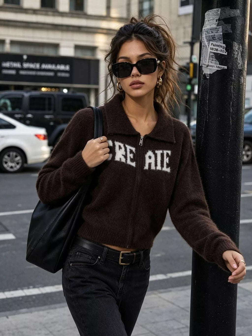 Fuzzy Letter Zip-Up Cardigan