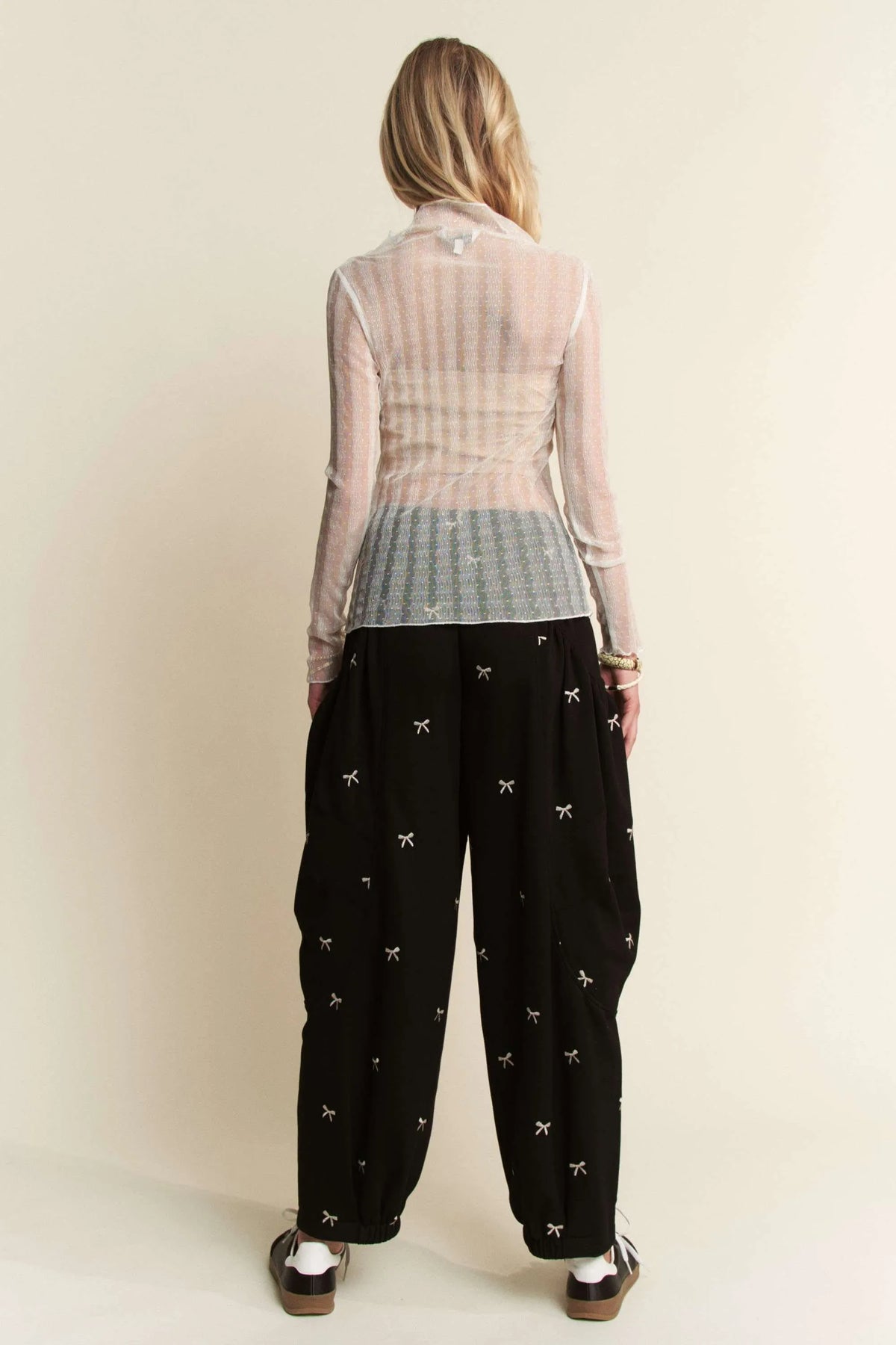 Davi & Dani Turtle Neck Lace Dotted Stretch Mesh Sheer Top