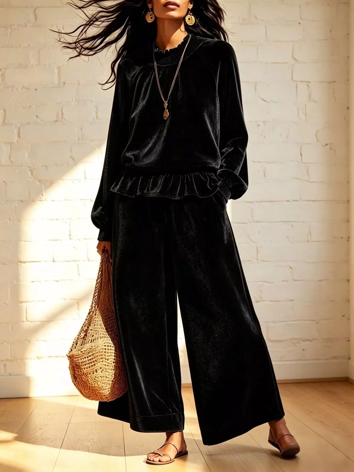 Velvet Peplum Top and Wide-Leg Pants Set