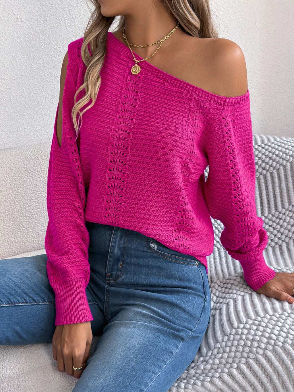 Cold-Shoulder Ribbed Knit Openwork Sweater