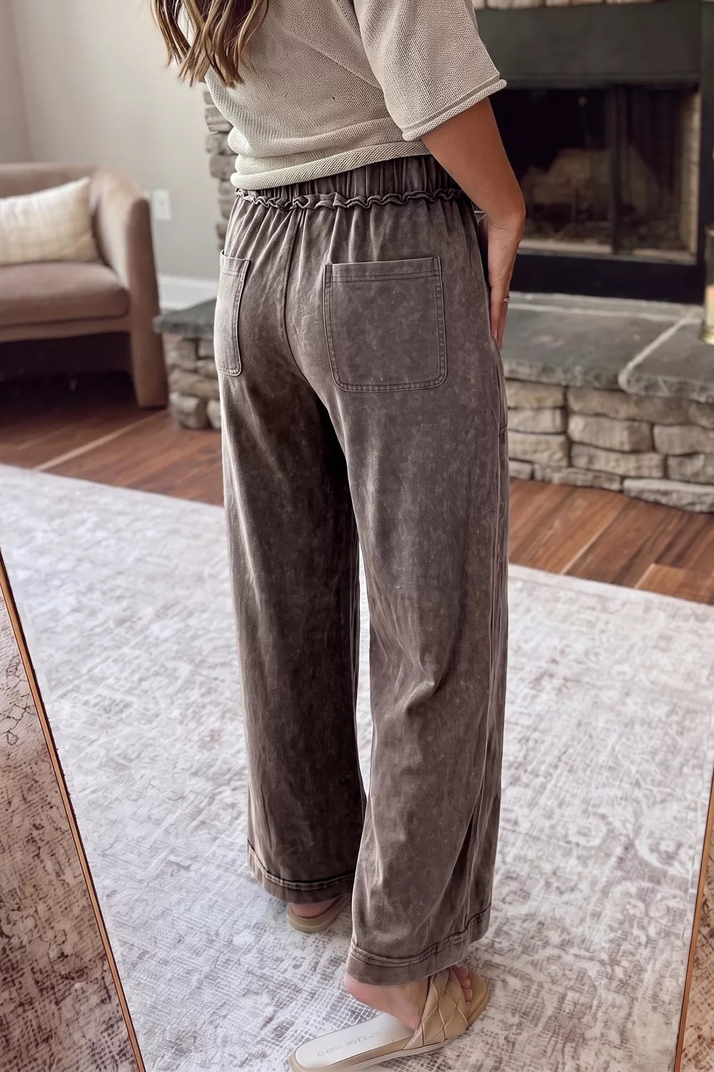 Washed Wide-Leg Drawstring Pants