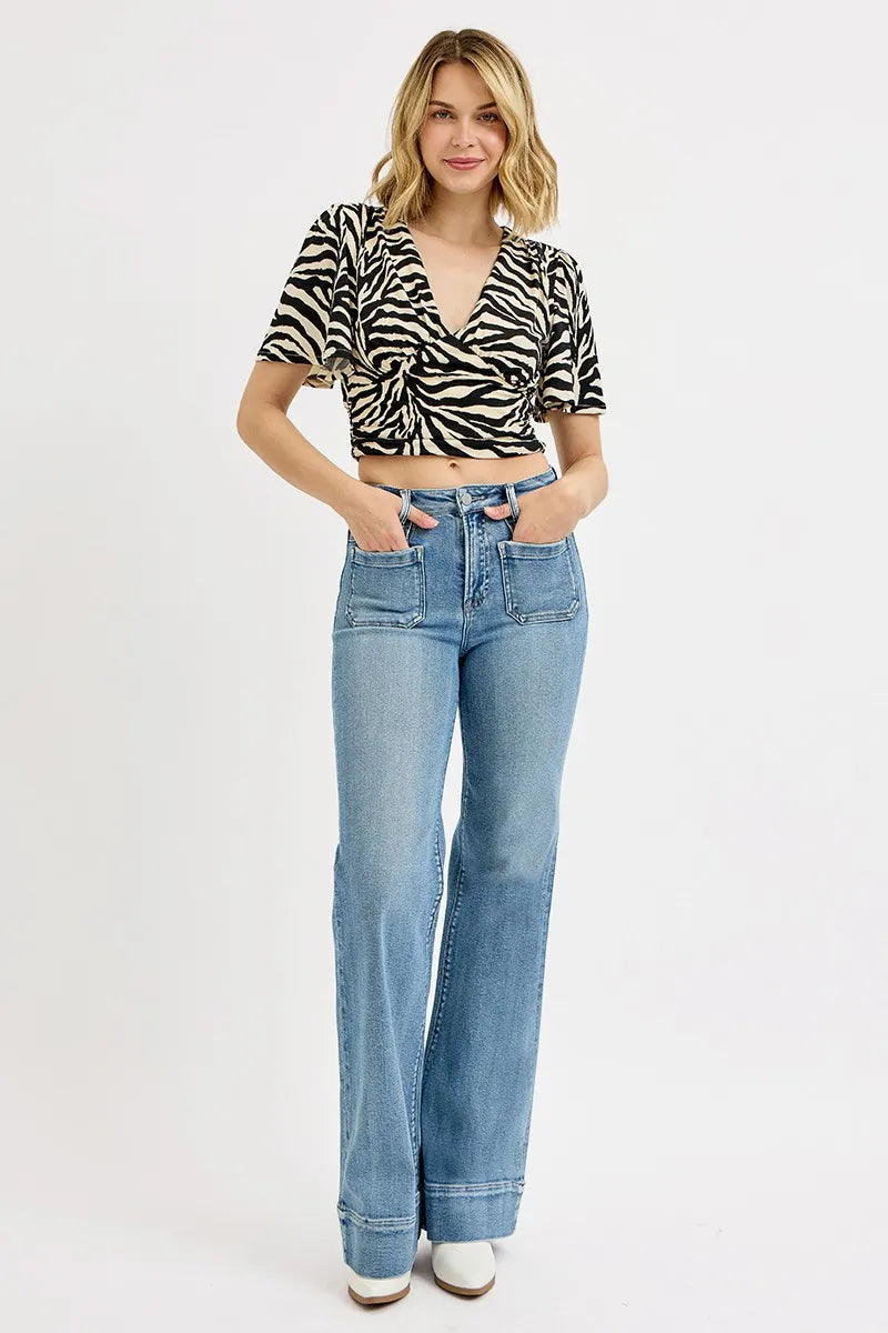 RISEN Full Size High Rise Wide Flare Patch Pocket Jeans Plus Size