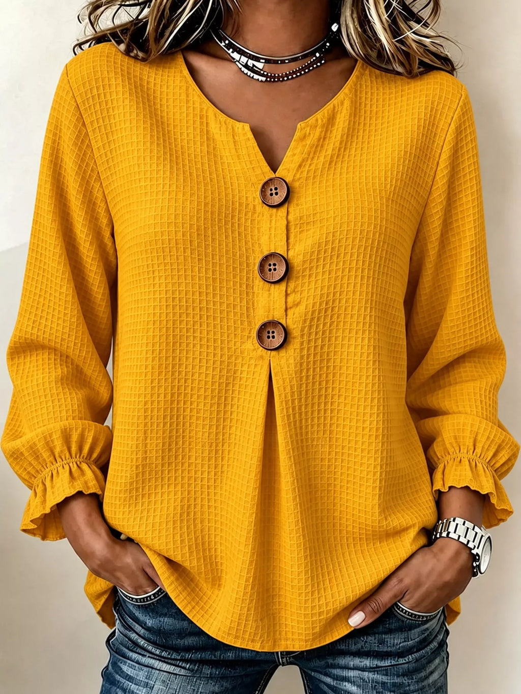 Full Size Waffle Knit Flounce Sleeve Blouse Plus Size