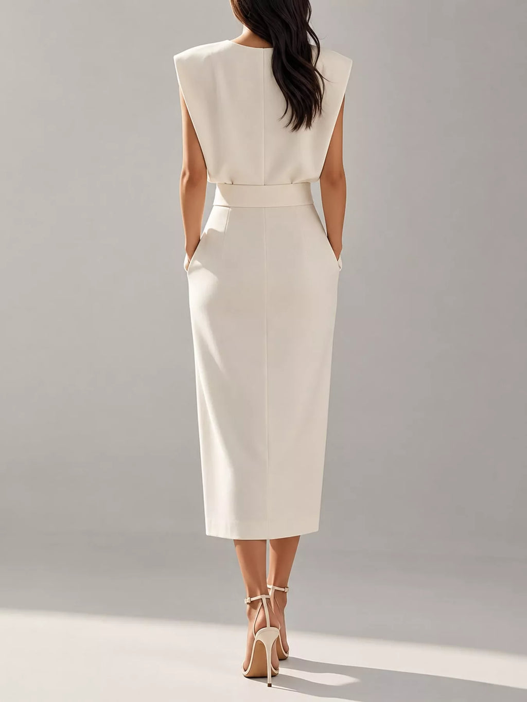 Sleeveless Midi Dress with Gold Button Detail and Side Slit