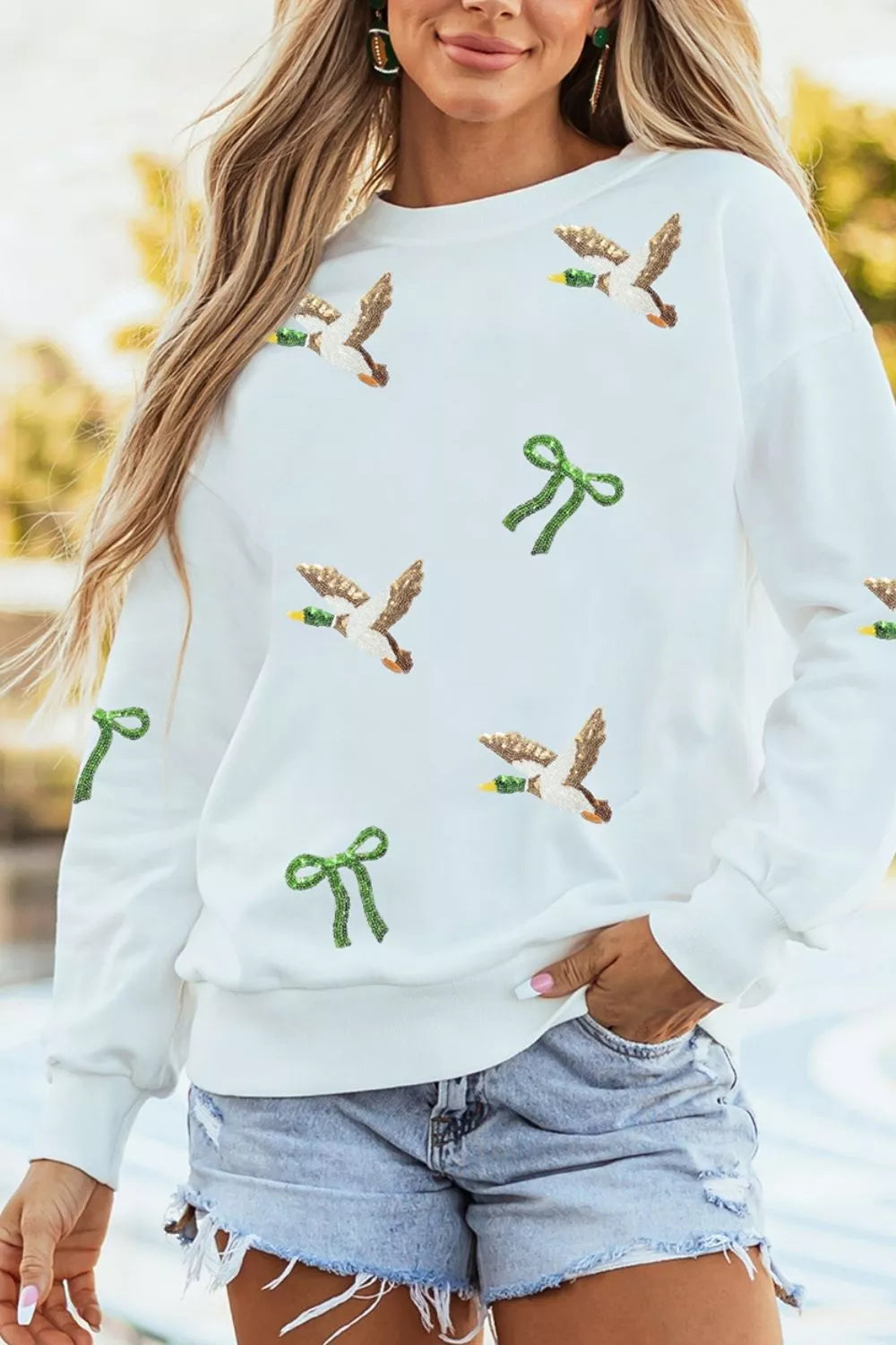 Sequin Mallard Bow Crewneck Pullover Sweatshirt