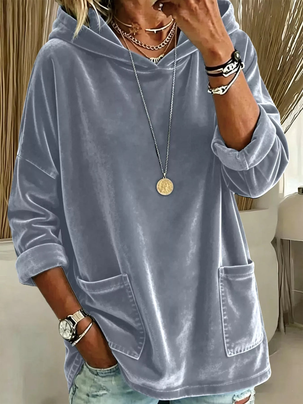 Full Size Velvet Long Sleeve Hoodie with Front Pockets Plus Size