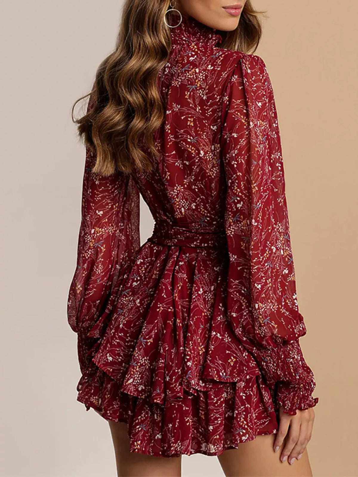 Plus Size Floral Print Mock Neck Long Sleeve Ruffle Hem Mini Dress