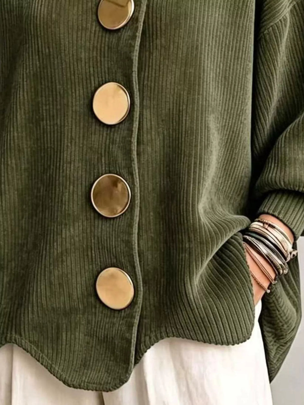 Full Size Ribbed Knit Gold Buttons Cardigan Plus Size
