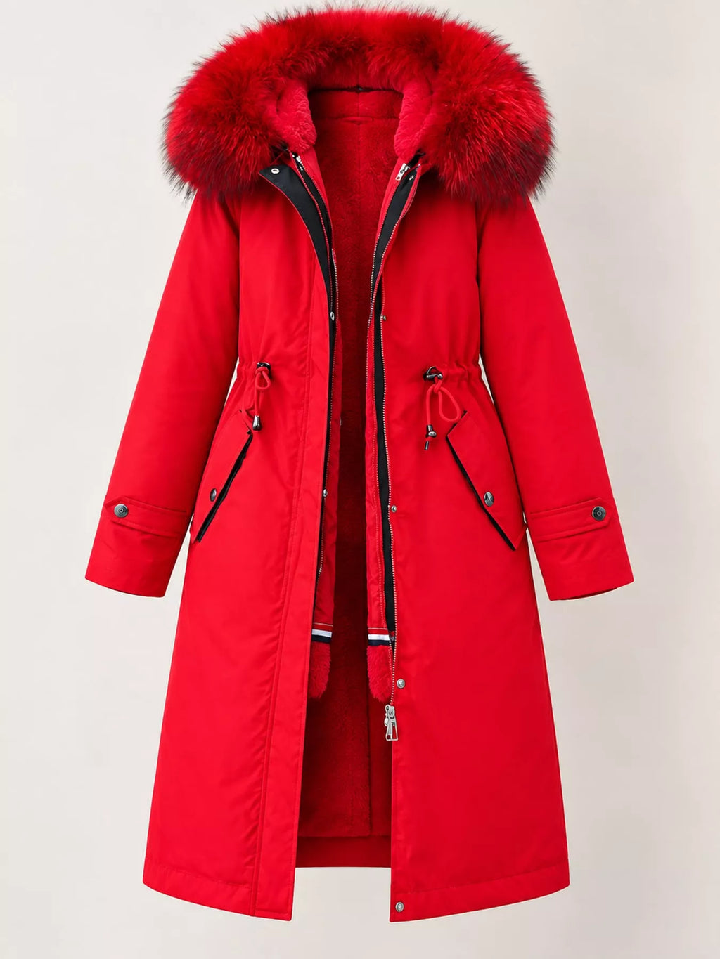 Detachable Longline Hooded Parka with Faux Fur Trim and Drawstring Waist