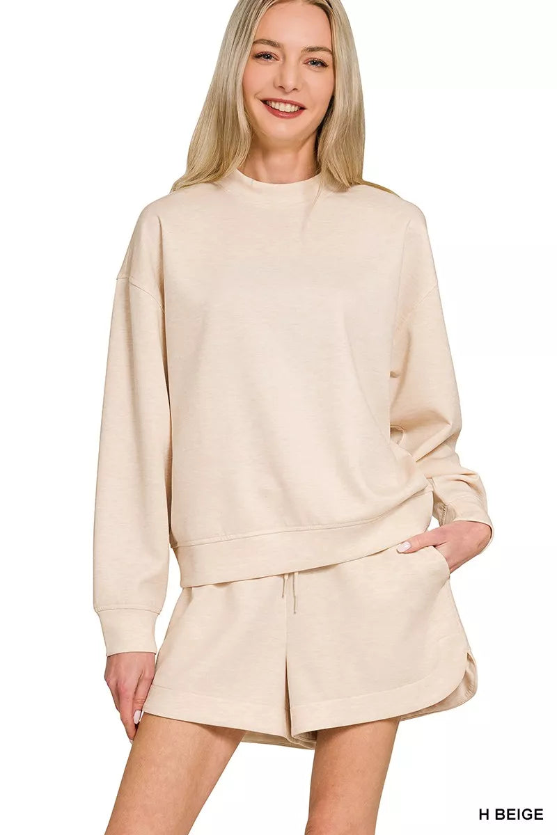 Heather Beige Scuba Long Sleeve Sweatshirt and Shorts Set