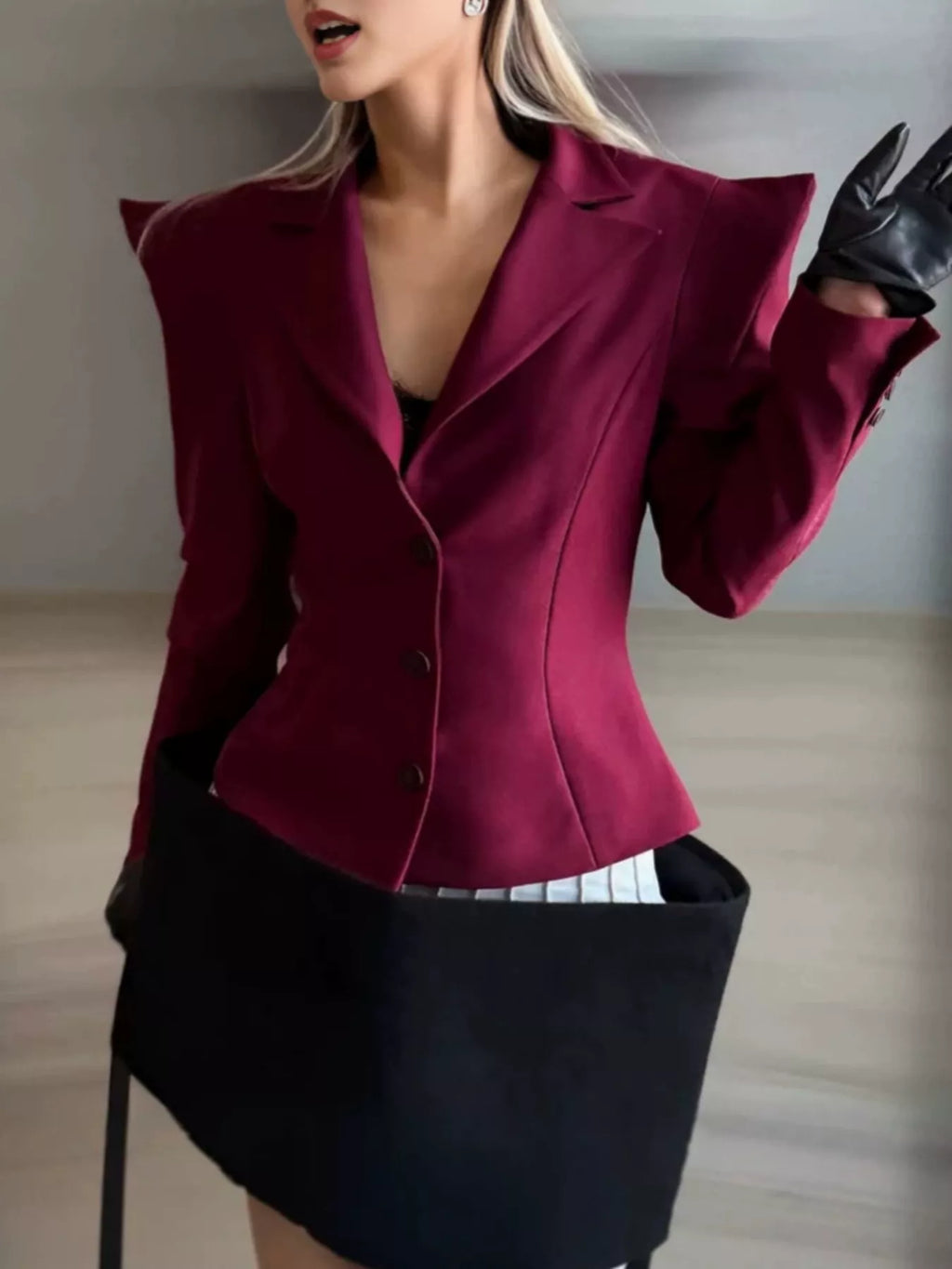 Sharp-Shouldered Tailored Long Sleeve Blazer
