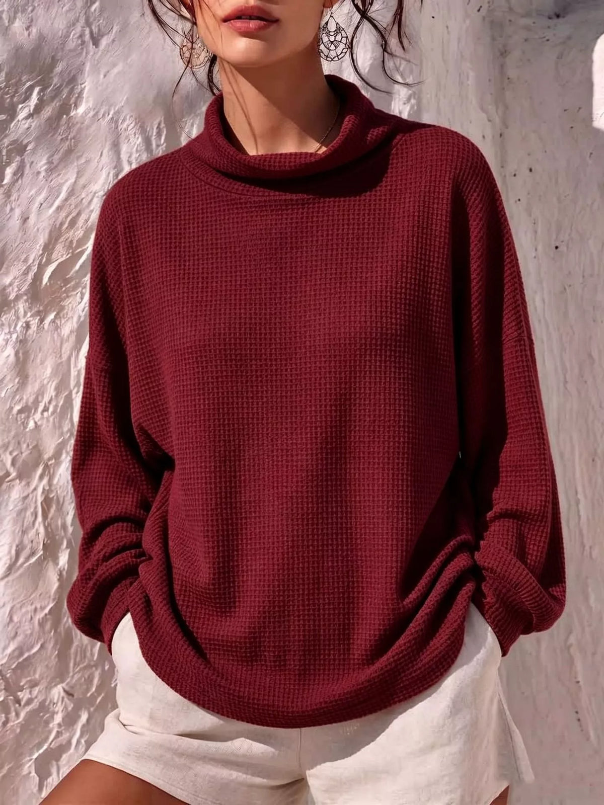 Full Size Waffle Knit Mock Neck Long Sleeve T-Shirt Plus Size