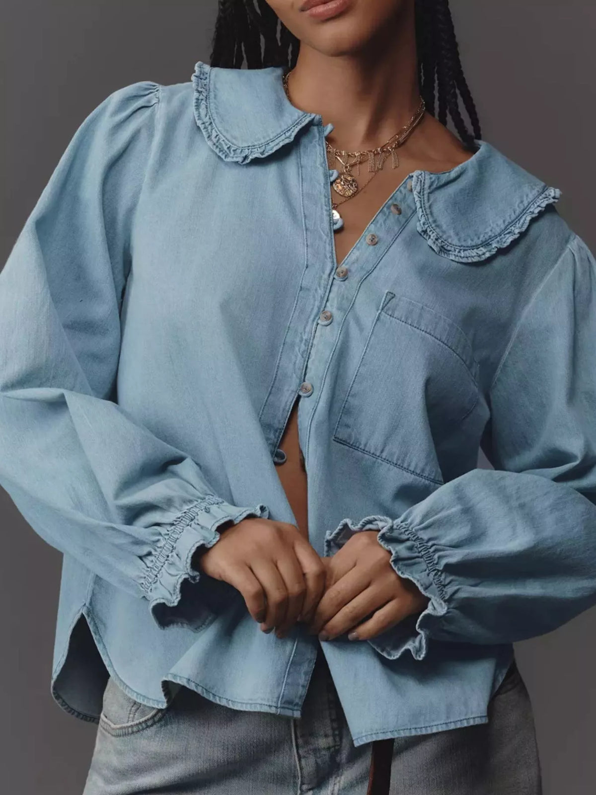 Peter Pan Collar Ruffled Denim Shirt