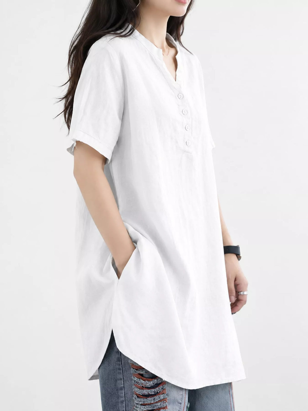 Full Size Notched Short Sleeve Oversize Blouse Plus Size