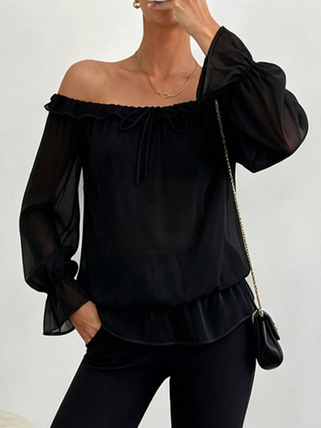 Off-Shoulder Flounce Sleeve Chiffon Blouse