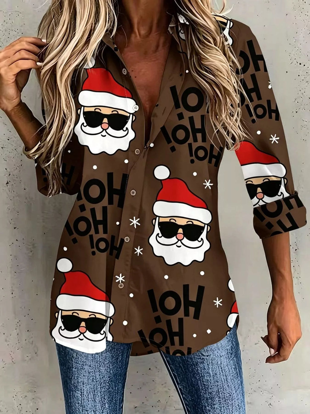 Full Size Christmas Santa Claus Print Button-Down Shirt Plus Size