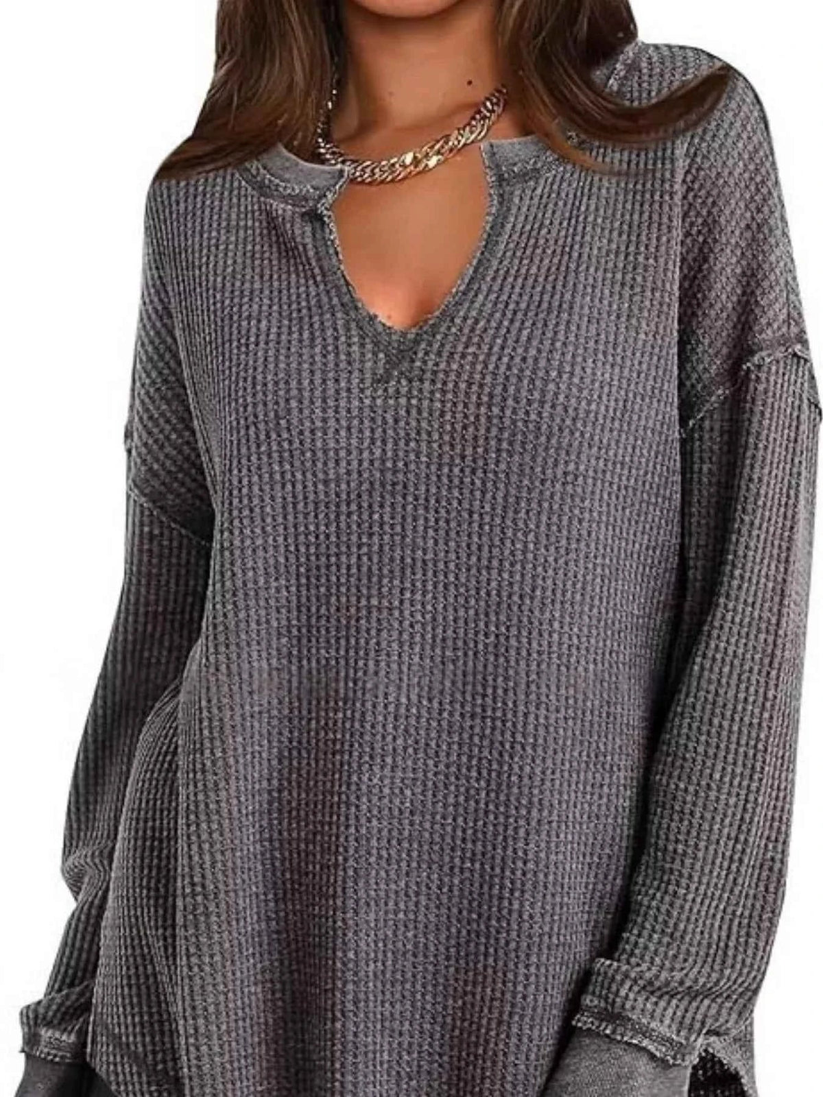 Slit Notched Long Sleeve T-Shirt