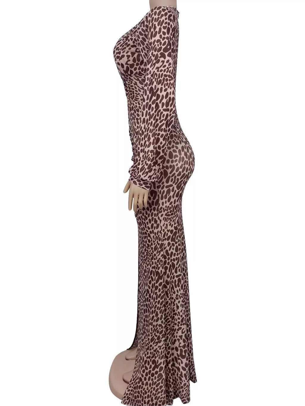 Leopard Print Deep V-Neck Long Sleeve High Slit Maxi Dress