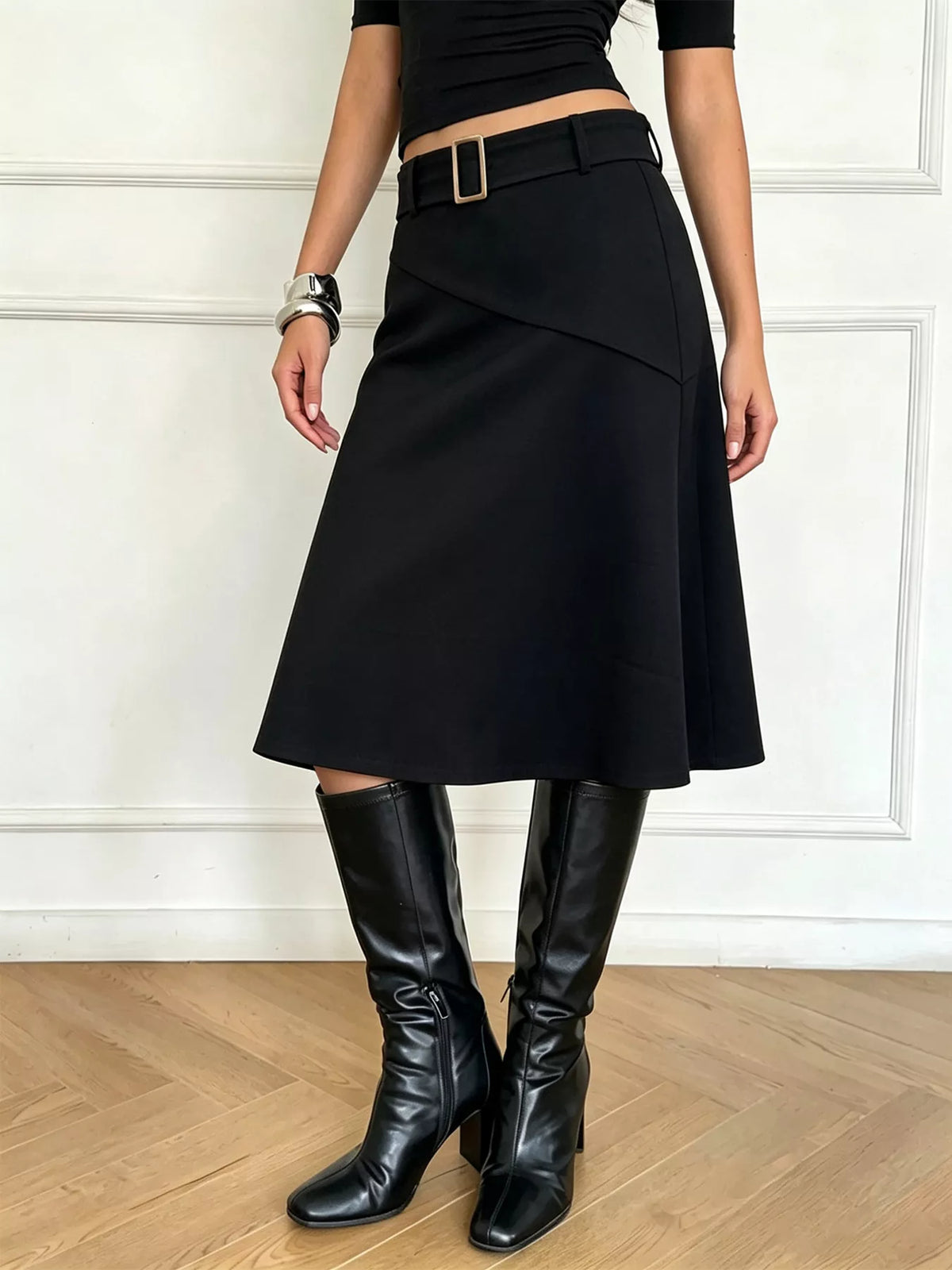 High-Waisted A-Line Midi Skirt with Belted Detail