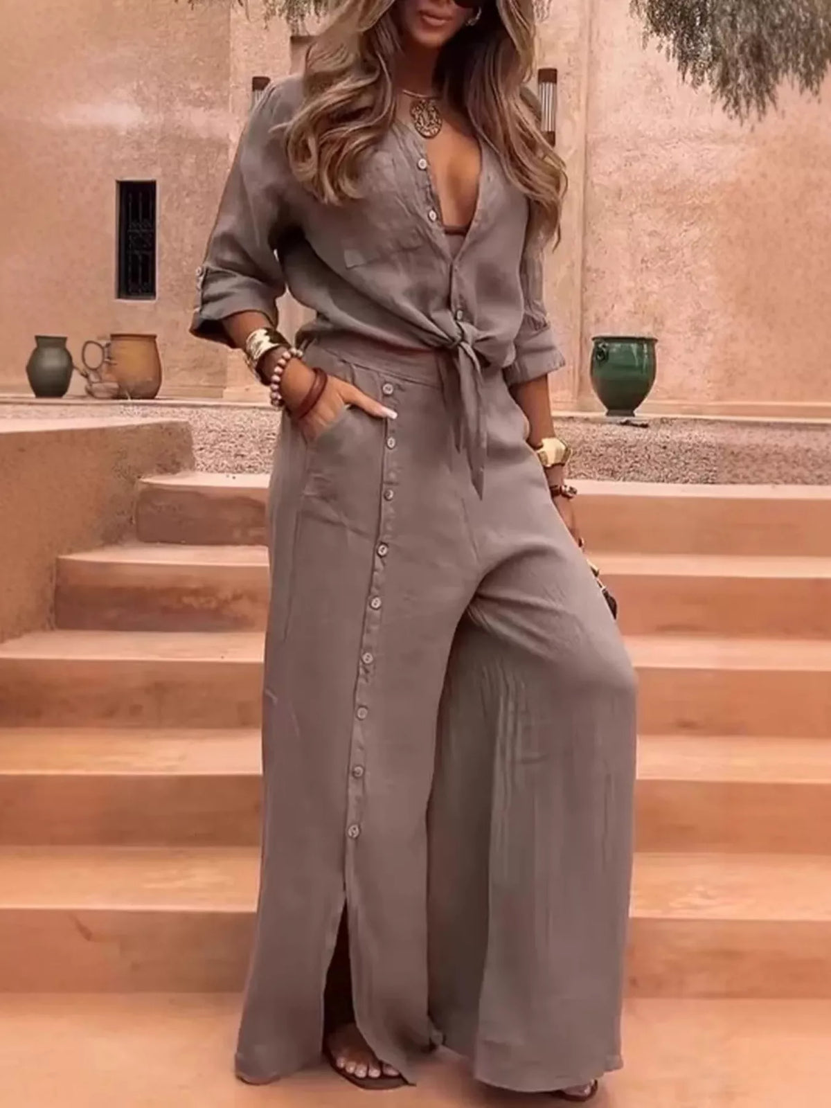 Full Size Tie-Front Shirt and Button-Down Wide-Leg Pants Set Plus Size