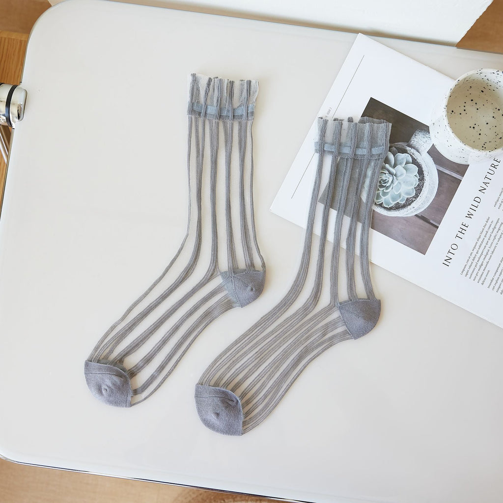 Thin Mid-calf Solid-color Lace-up Socks For Women