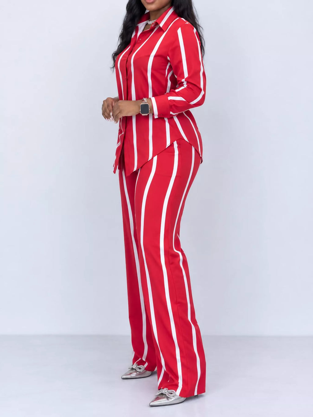 Striped Button-Down Shirt and Wide-Leg Pants Two-Piece Set