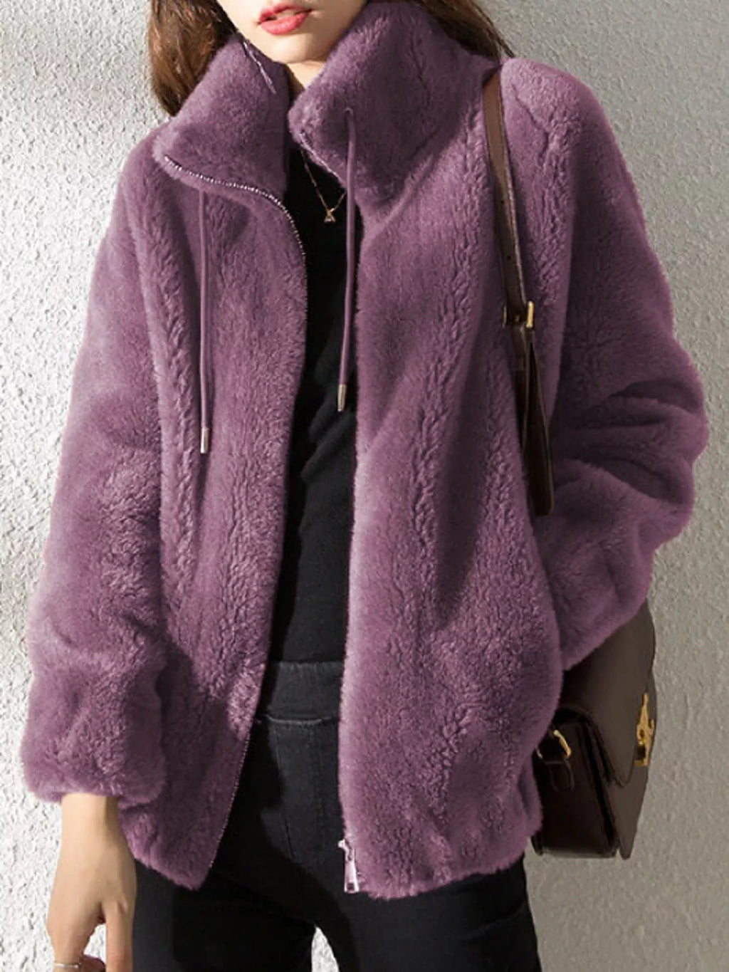 Full Size Drawstring Faux Fur Stand-Collar Zip-Up Outerwear Plus Size