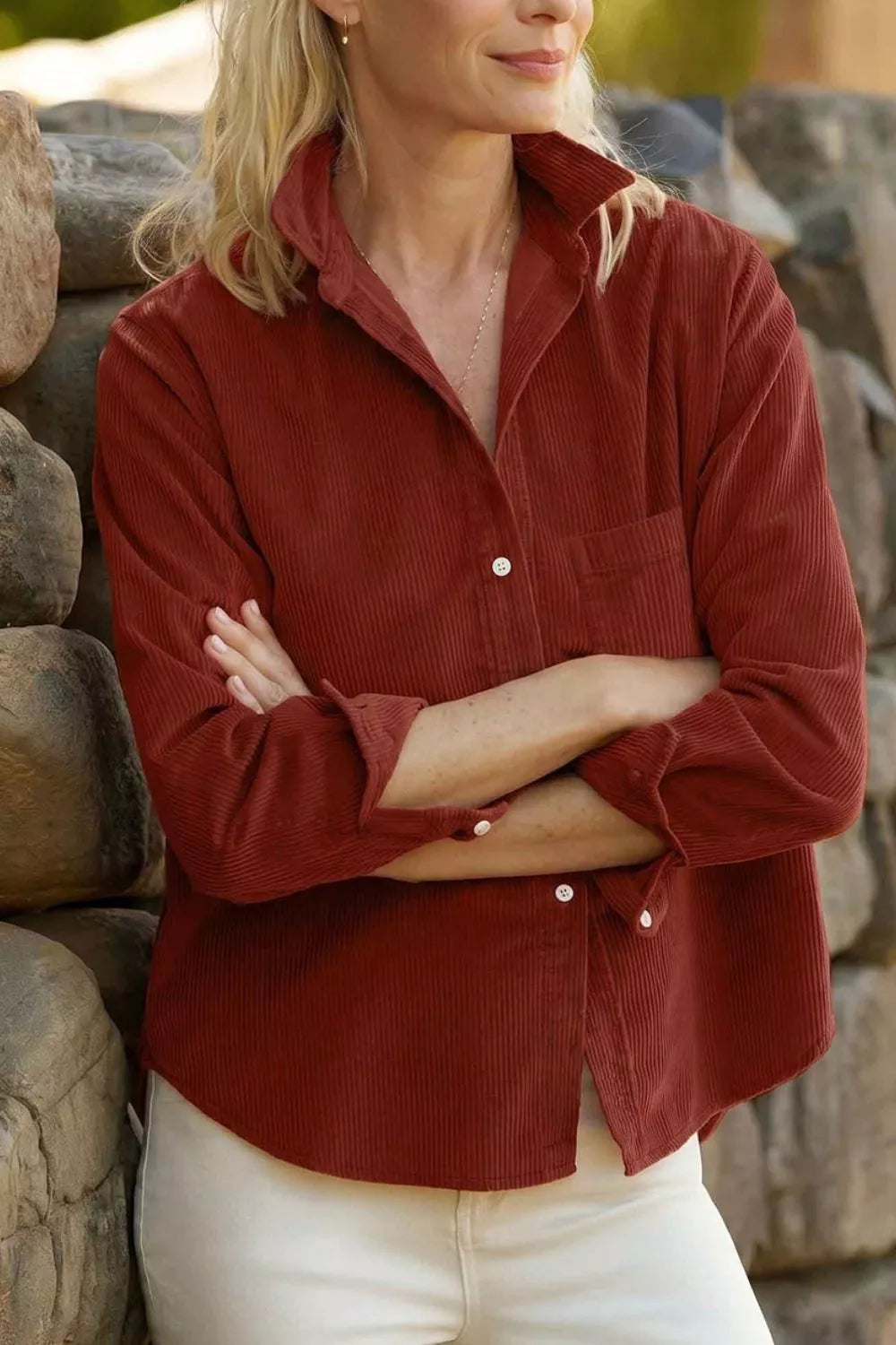 Adjustable Cuff Long Sleeve Corduroy Shirt