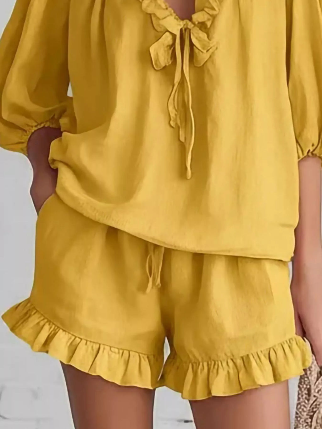 Ruffled V-Neck Blouse and Shorts Set
