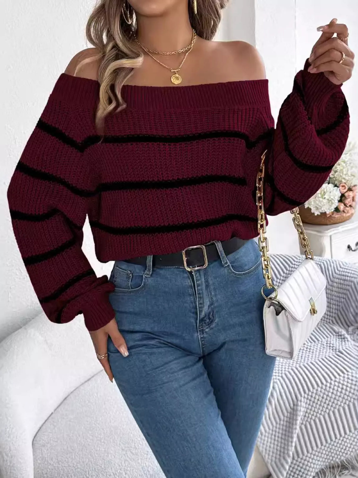 Off-Shoulder Striped Contrast Sweater