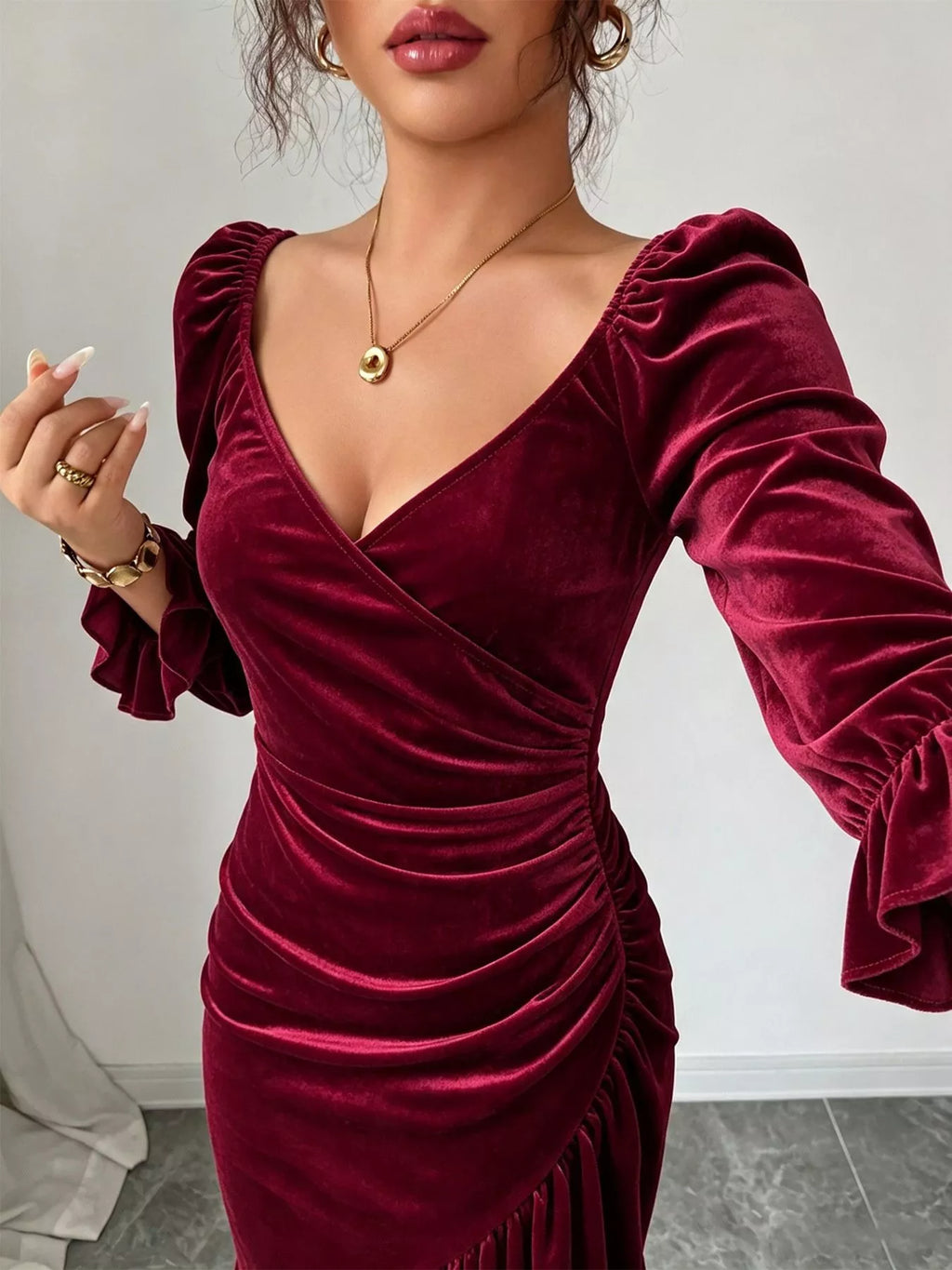 Velvet Ruched Ruffle Hem Midi Dress