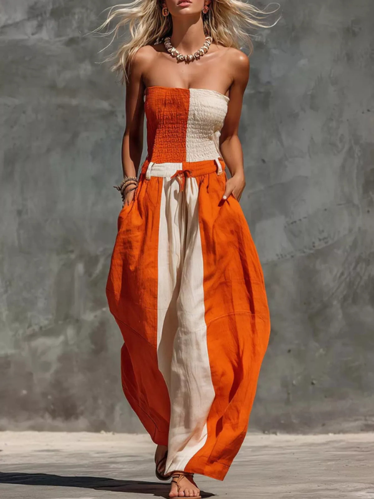 Color-Block Strapless Smocked Jumpsuit