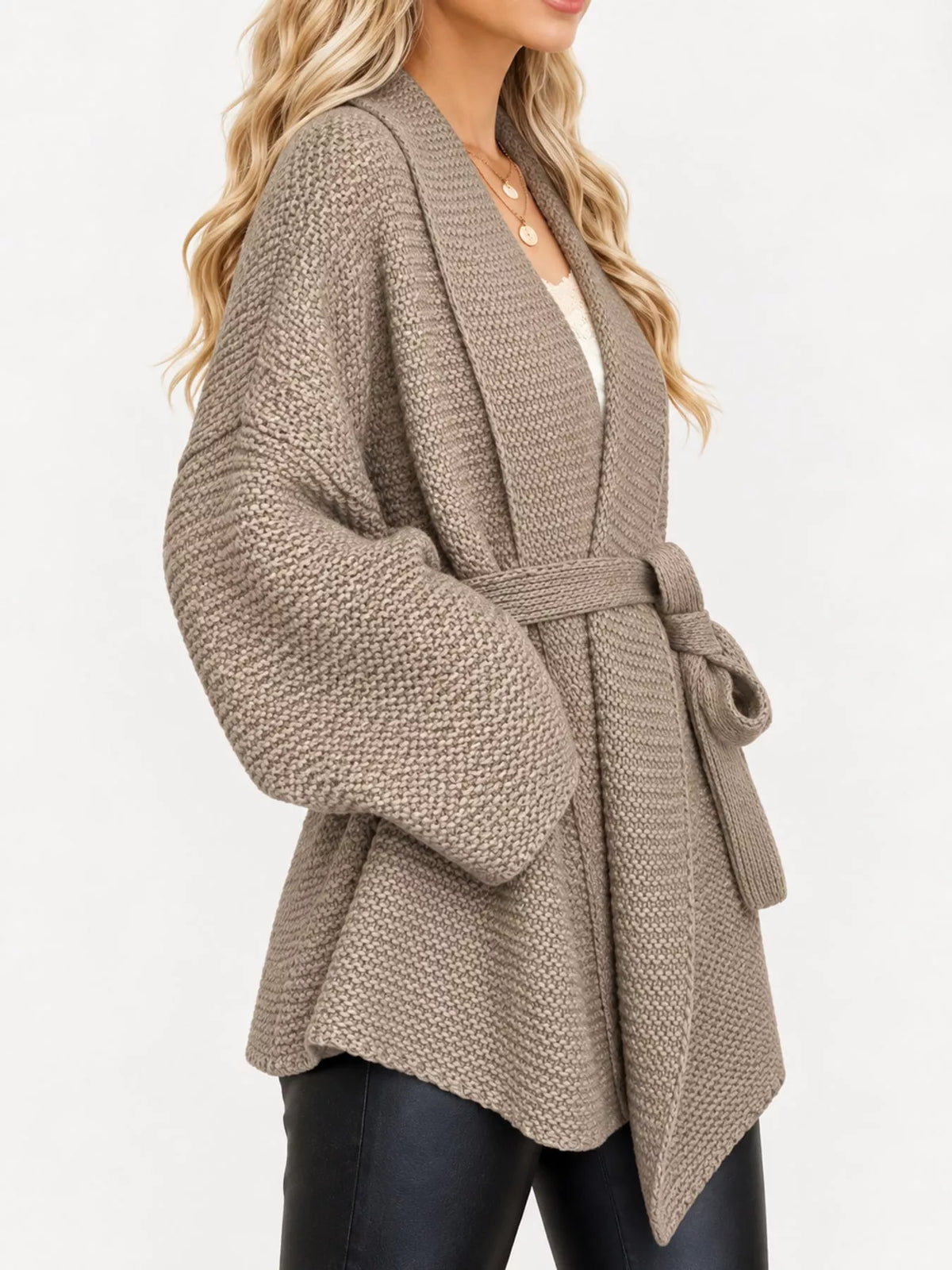 Full Size Belted Open-Front Knit Cardigan Plus Size