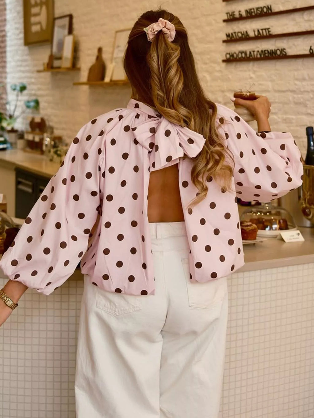 Polka Dot Open-Back Tied Blouse