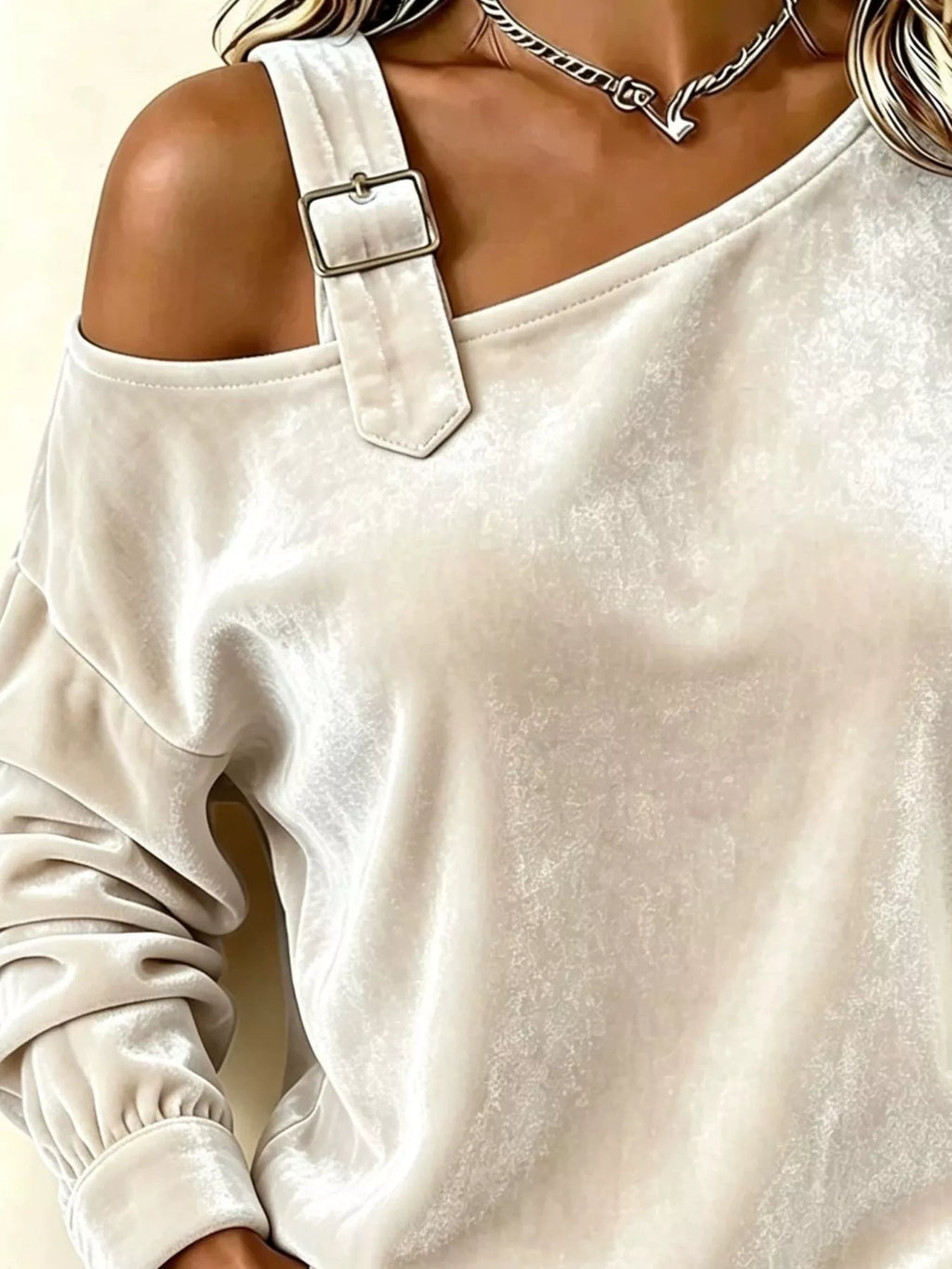 Full Size Velvet Buckle Detail Asymmetrical Neck Blouse Plus Size