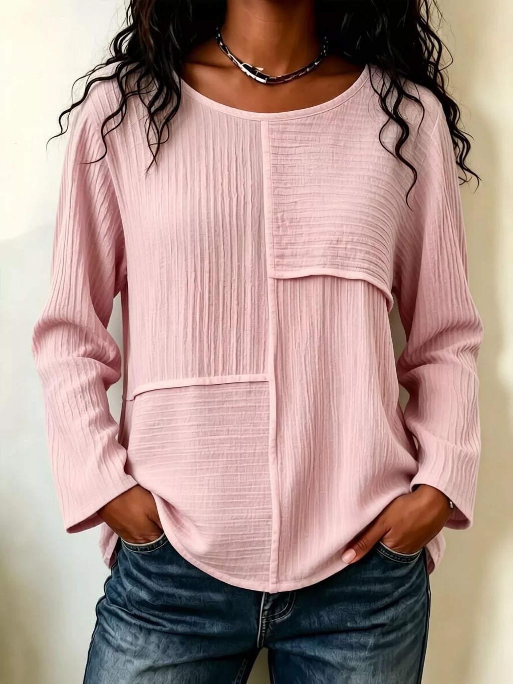 Textured Patchwork Long Sleeve Casual T-Shirt