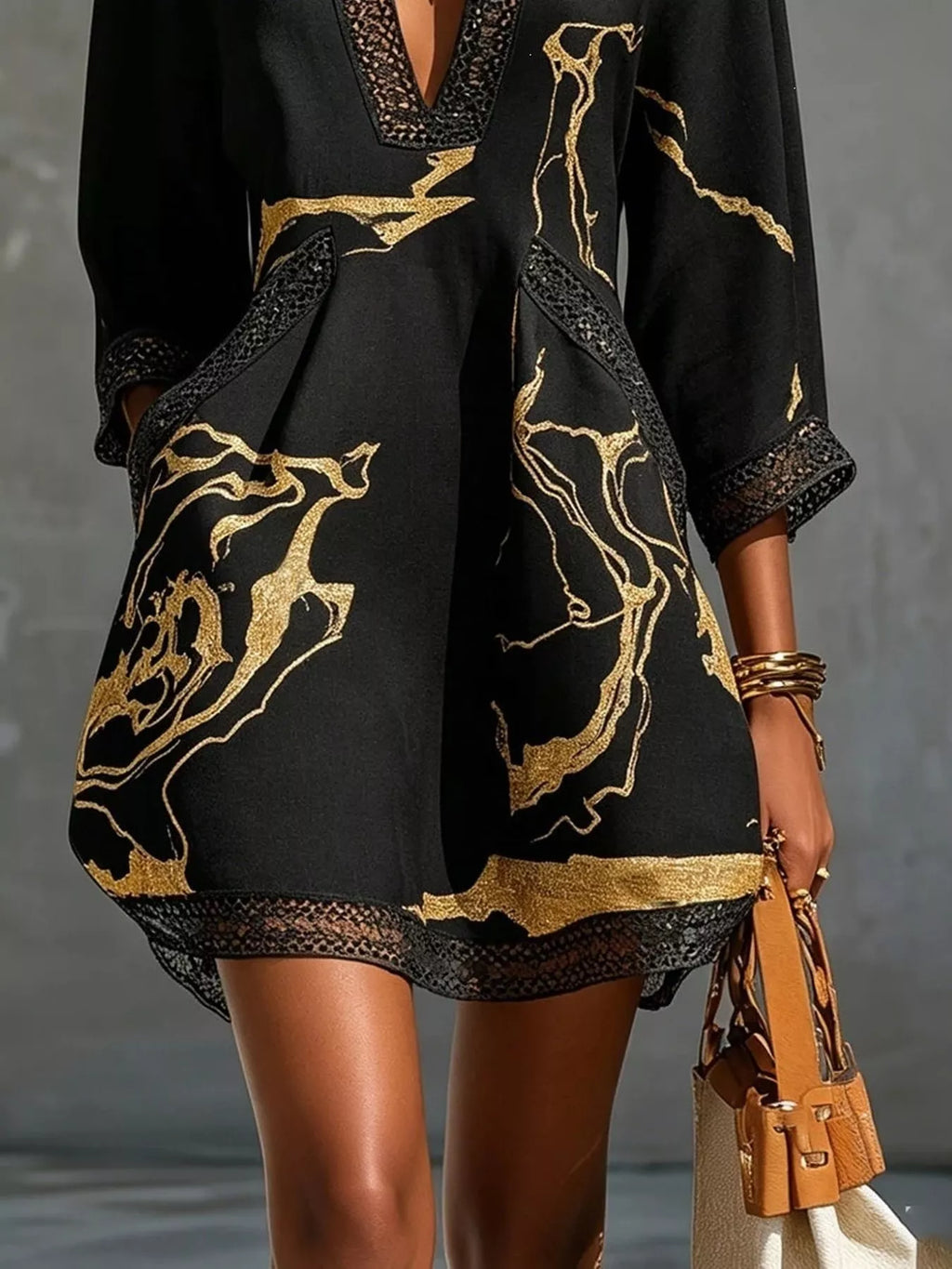 Notched 3/4 Sleeve Mini Dress