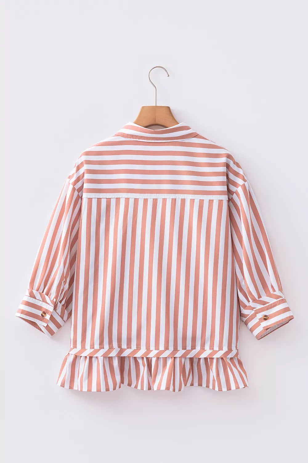Stripe Collar Button Front Bracelet Sleeve Ruffle Hem Shirt
