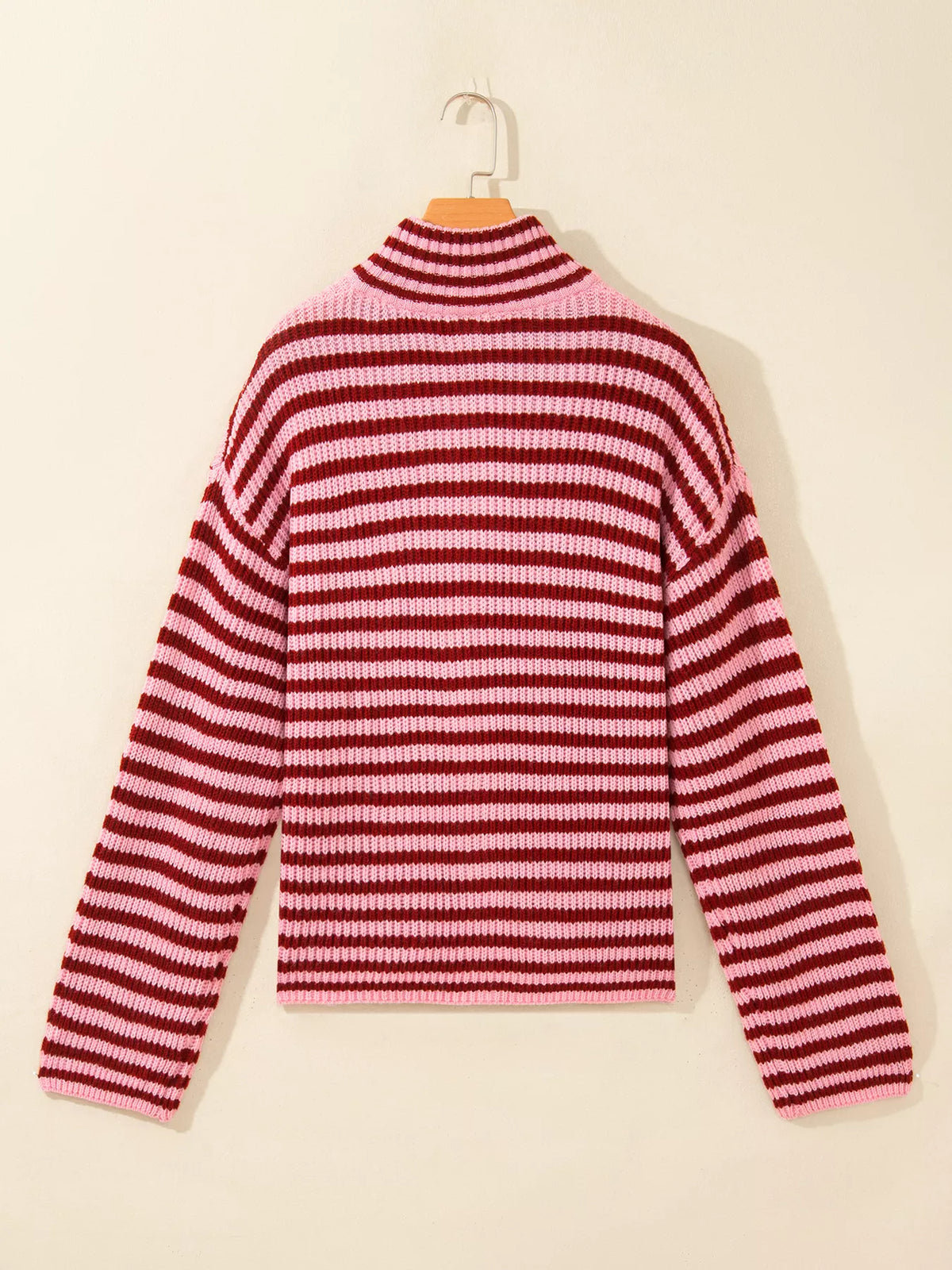 Striped High Neck Zip-up Sweater Long Sleeve Casual Fit Drop Shoulder Open Front Cardigan