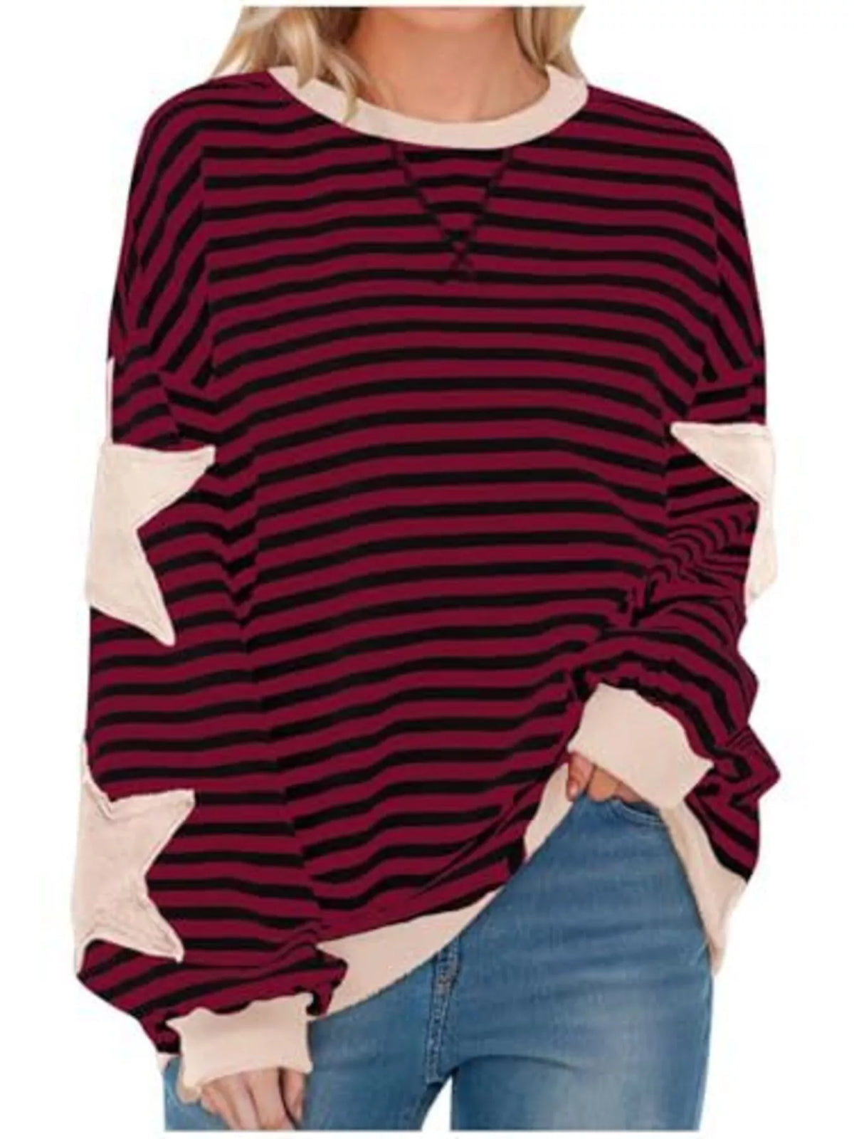 Full Size Star Patch Striped Oversized Sweatshirt Plus Size