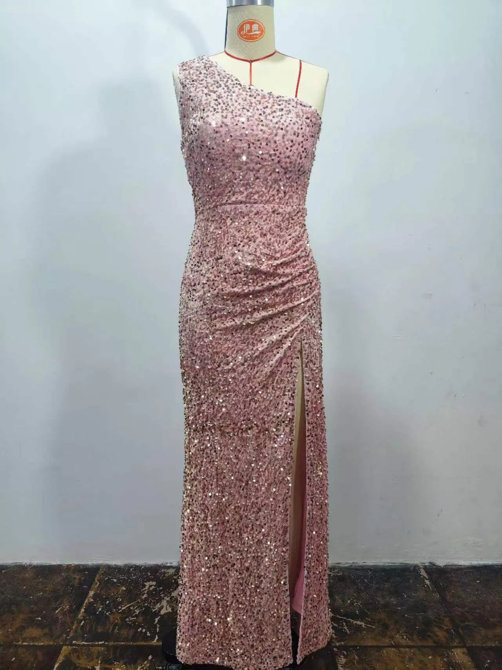One-Shoulder Ruched Sequin High-Slit Evening Dress