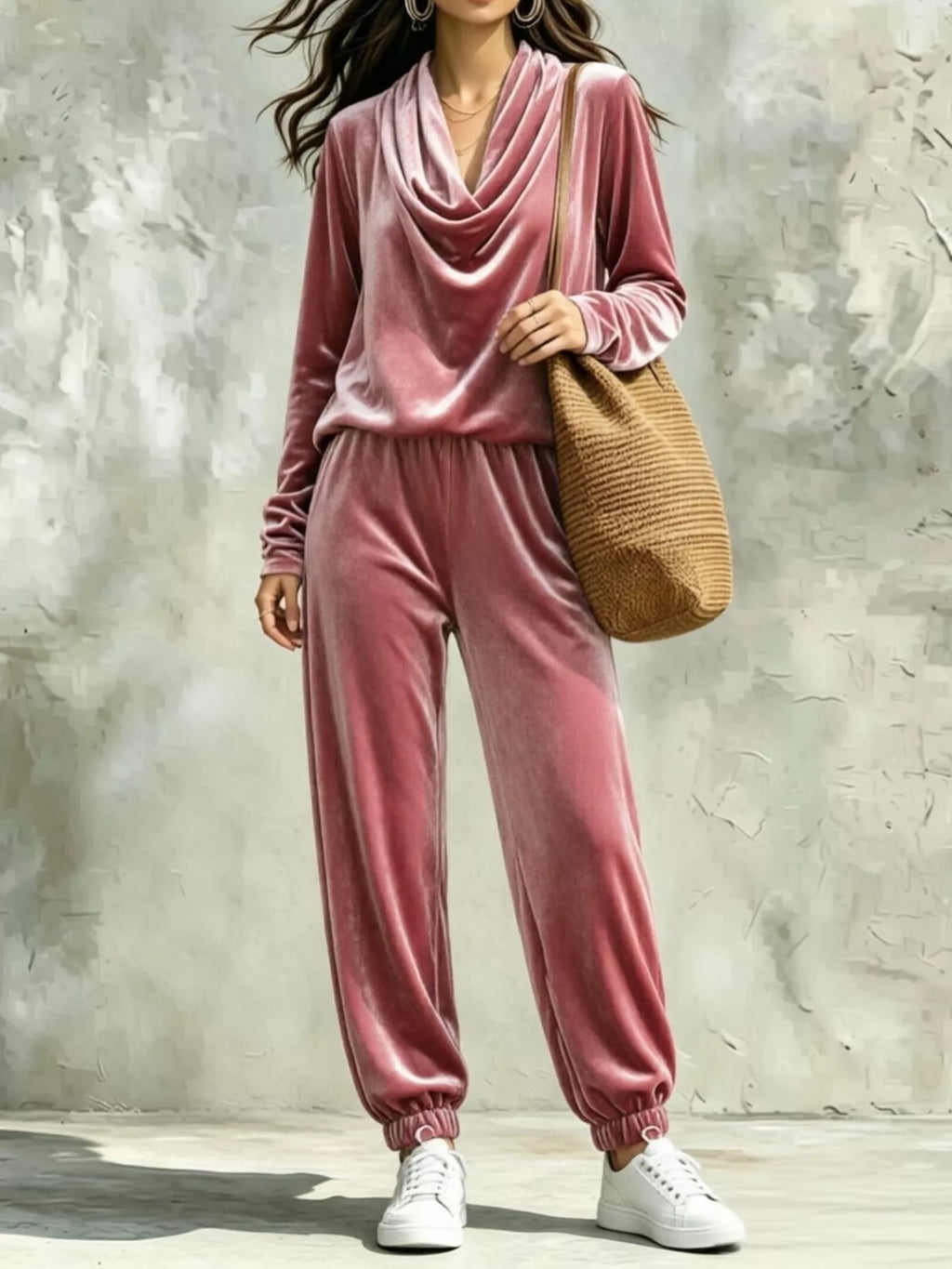 Full Size Velvet Cowl Neck Long Sleeve Top and Pants Set Plus Size