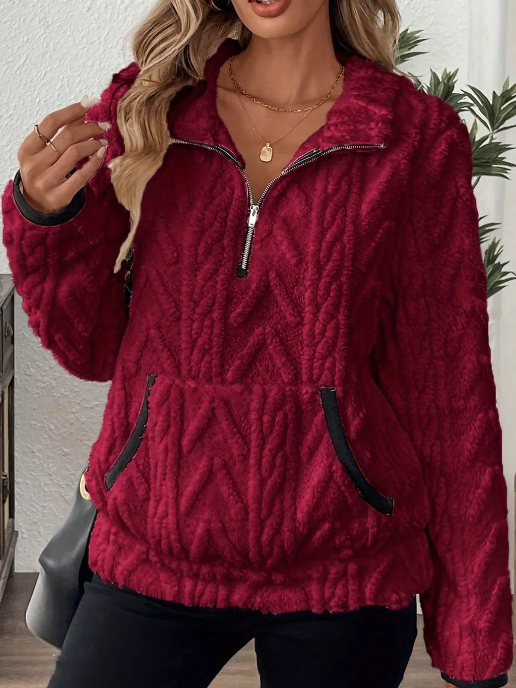 Full Size Quarter-Zip Sherpa Sweatshirt Plus Size