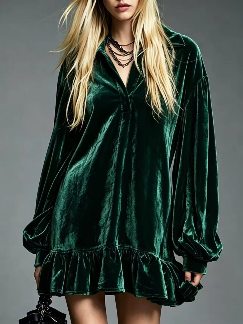 Full Size Velvet Long-Sleeve Ruffle Hem Mini Dress Plus Size