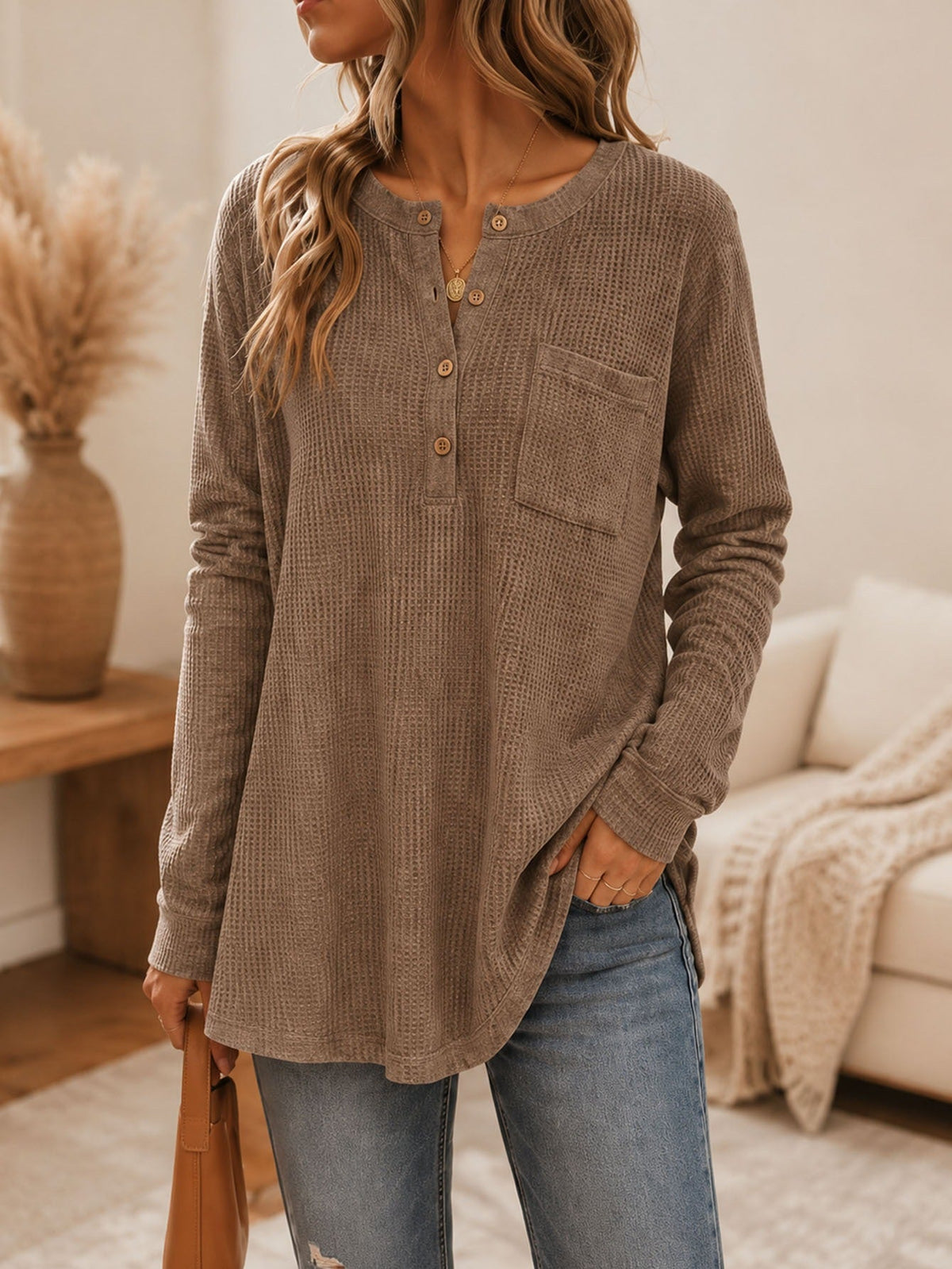 Anno Fashion New Solid Waffle Knit Long Sleeve Top With Pockets & Buttons
